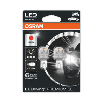 Osram W16W LED Retrofit Rood 12V W2.1x9.5d 2 Stuks